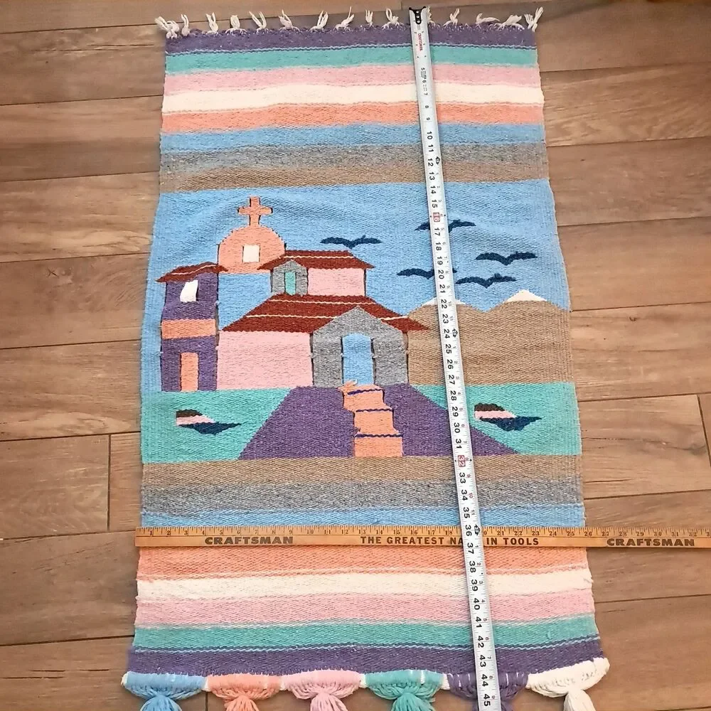 Vintage Mexican Pastel Houses church Wall Hanging decor Tapestry southwest woven